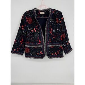 Ann Taylor Loft Women's Sz 8 Floral Embroidered Jacket Fringe Navy Red  Blazer